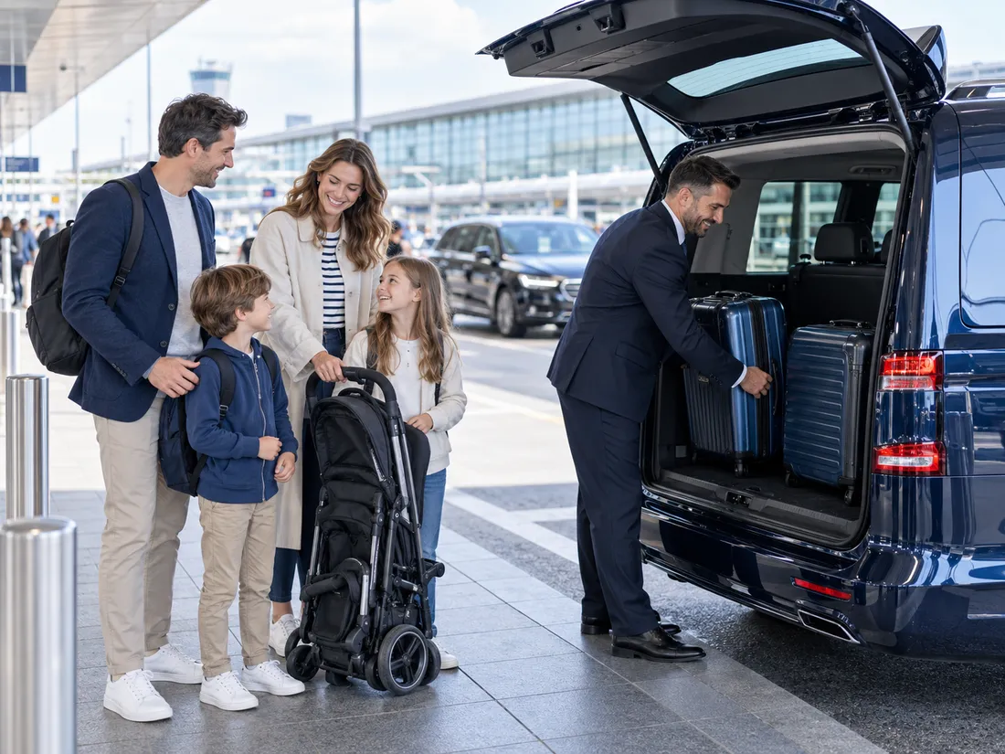 Familie mit Kindern, Kinderwagen und Gepäck neben einem Transfer-Van