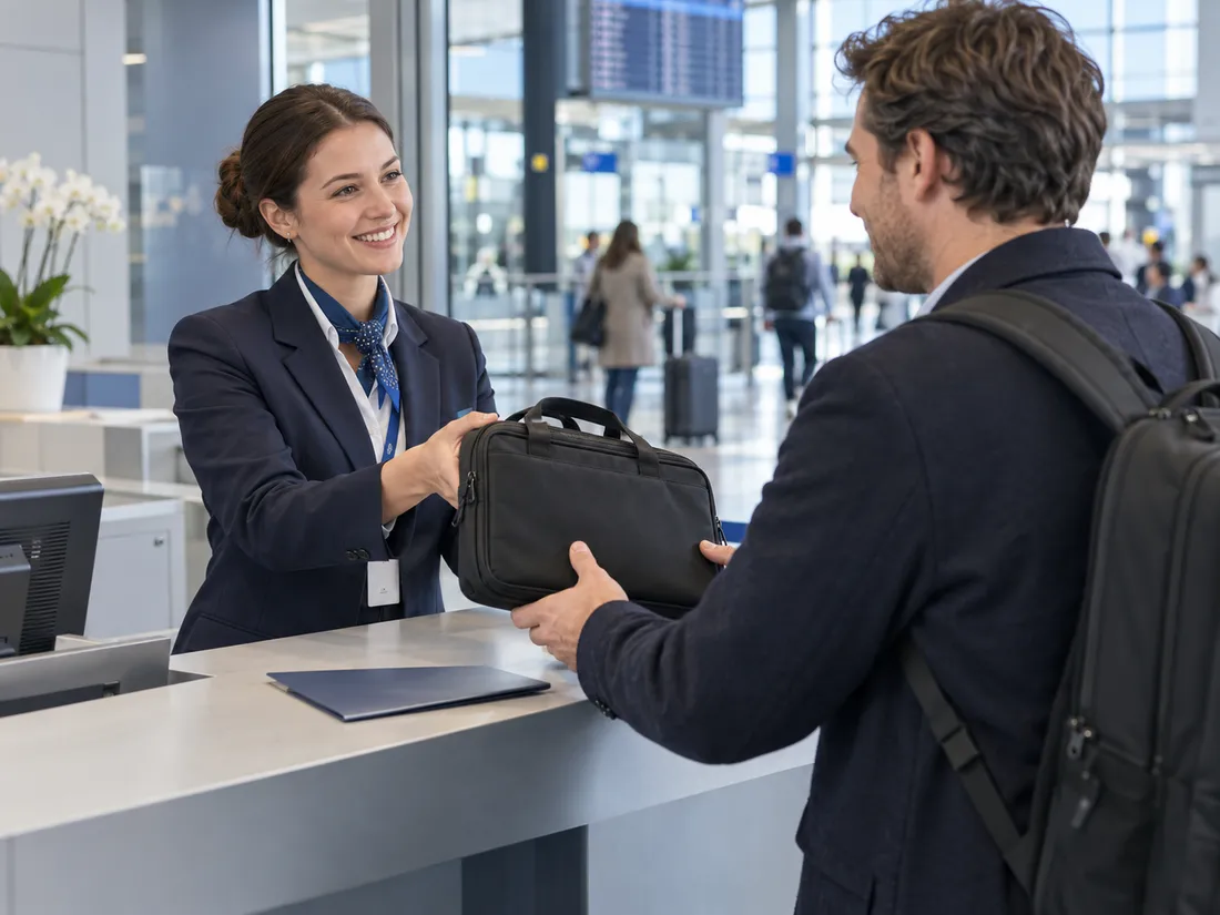 Persönliche Übergabe einer wiedergefundenen Laptoptasche am Serviceschalter