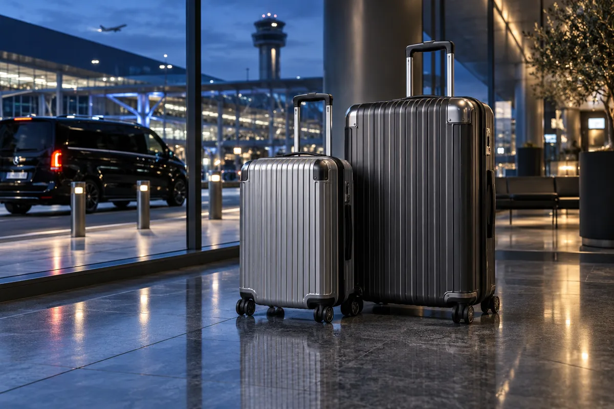 Koffer in einer Flughafen-Ankunftshalle – symbolisches Kampagnenmotiv